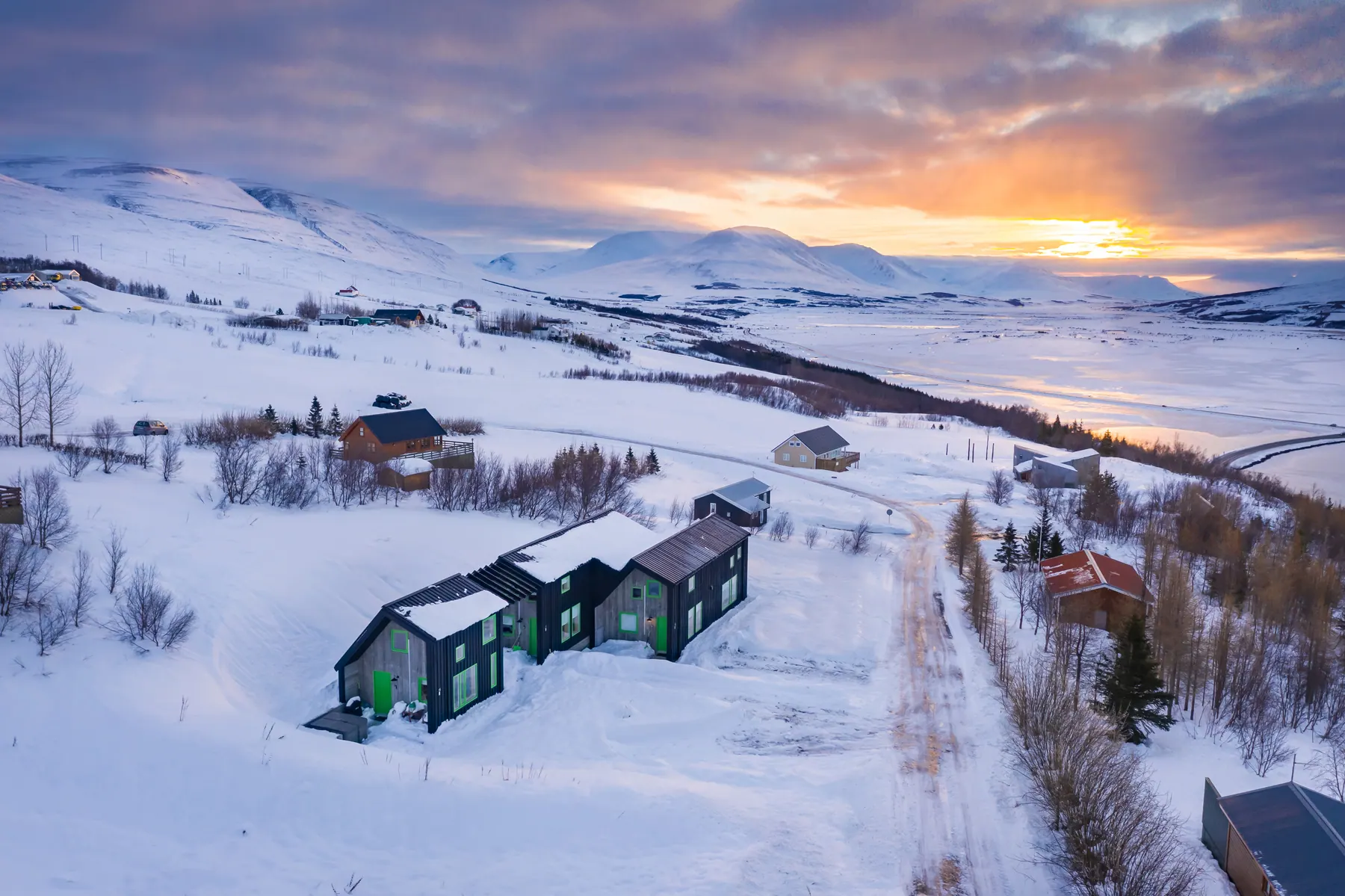 Aerial view of VADLA above Eyjafjörður and Akureyri