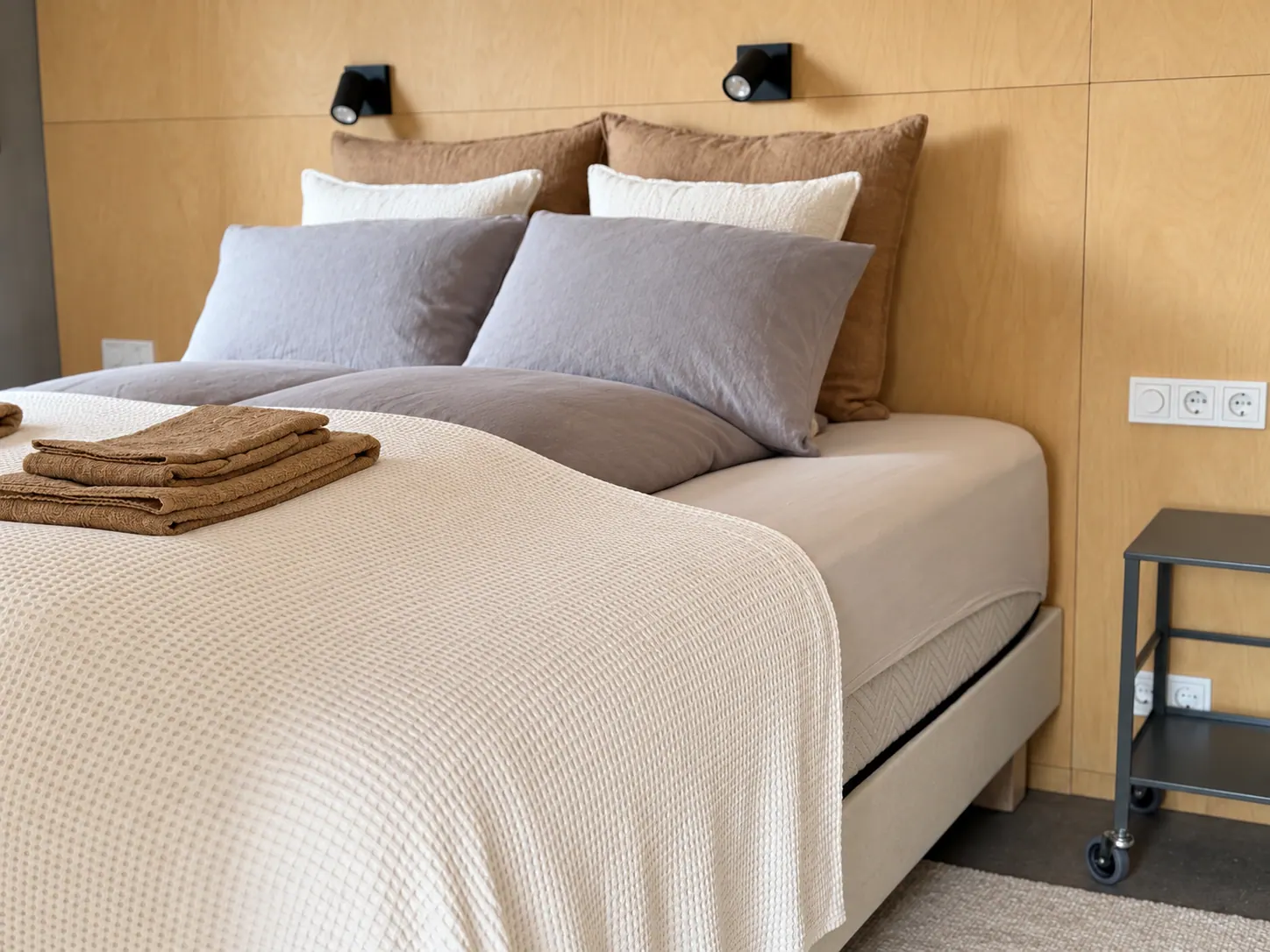 Apartment 15B: Bedroom with a large bed and folded towels