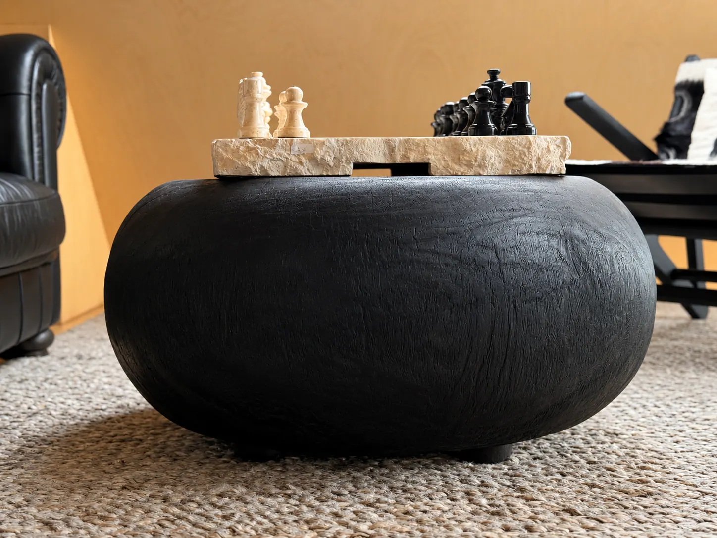 Apartment 15B: Round coffee table with a chess set