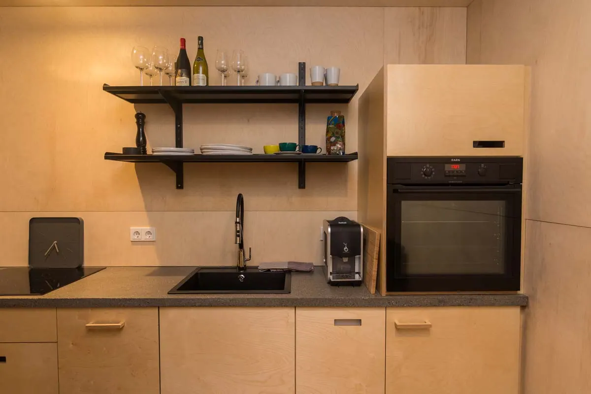 Apartment 15C: Kitchen with oven and open shelves