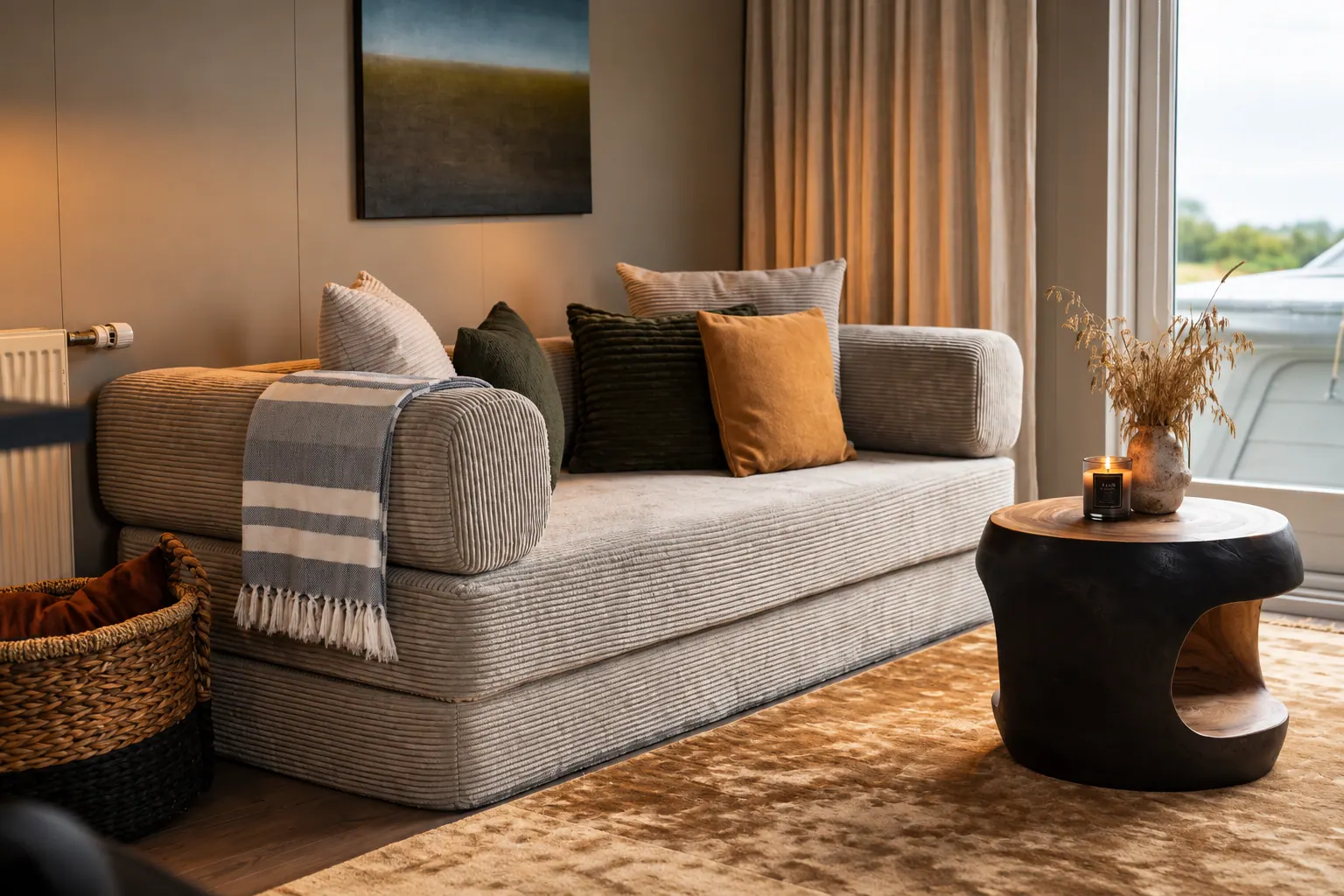 The Cottage: Living room with sofa and rug