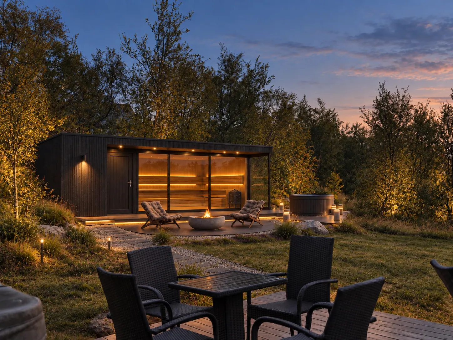 The VADLA spa house with its terrace and fire pit at dusk