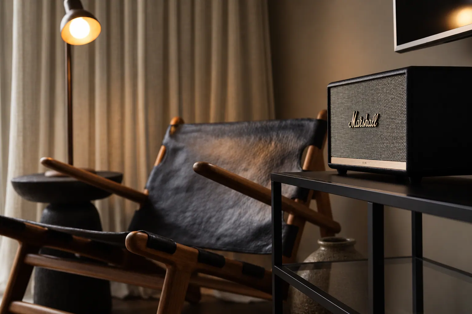 The Cottage: Leather lounge chair and reading lamp