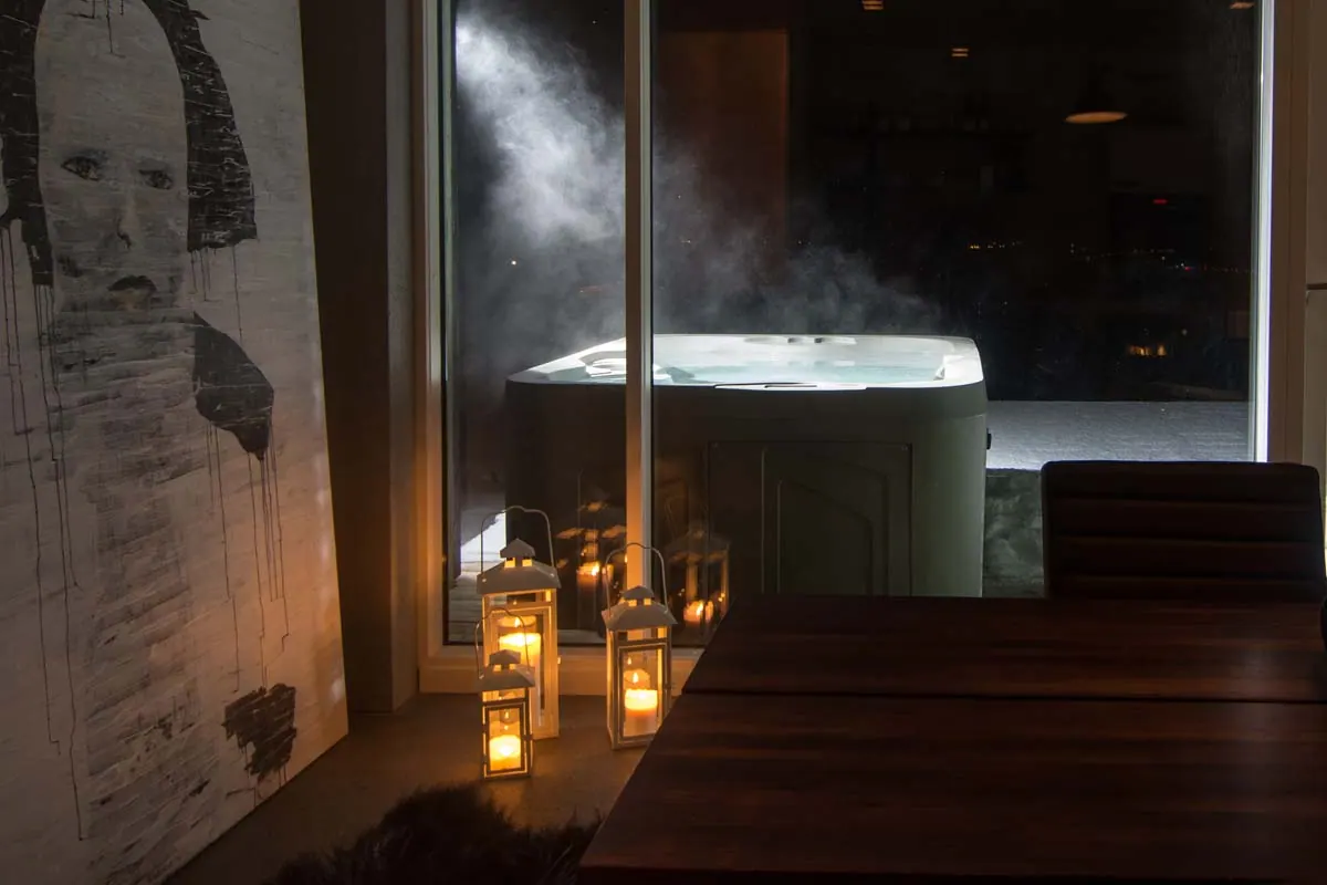 Apartment 15B: Living area by candlelight in the evening